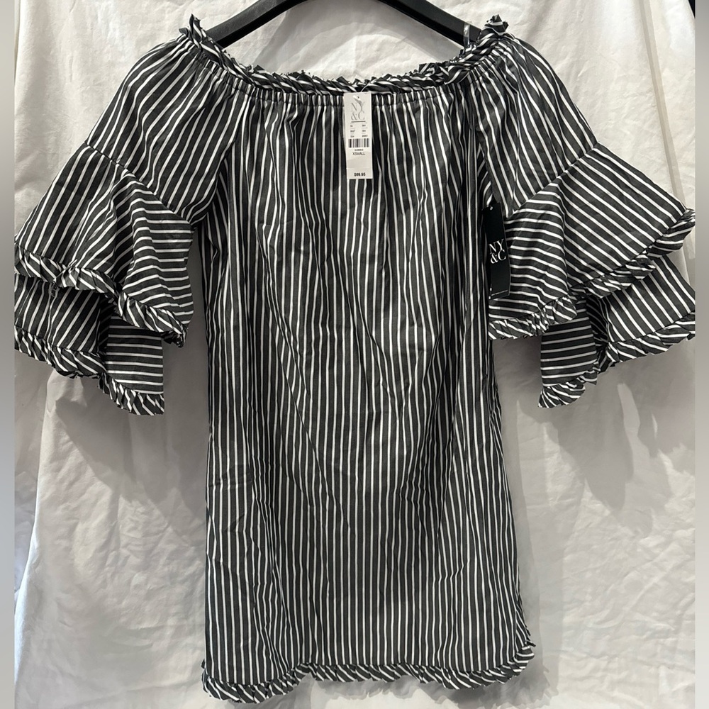 NY&C Off The Shoulder Mini Dress Long Blouse Ruffle Sleeve Pin Stripe drama nwt